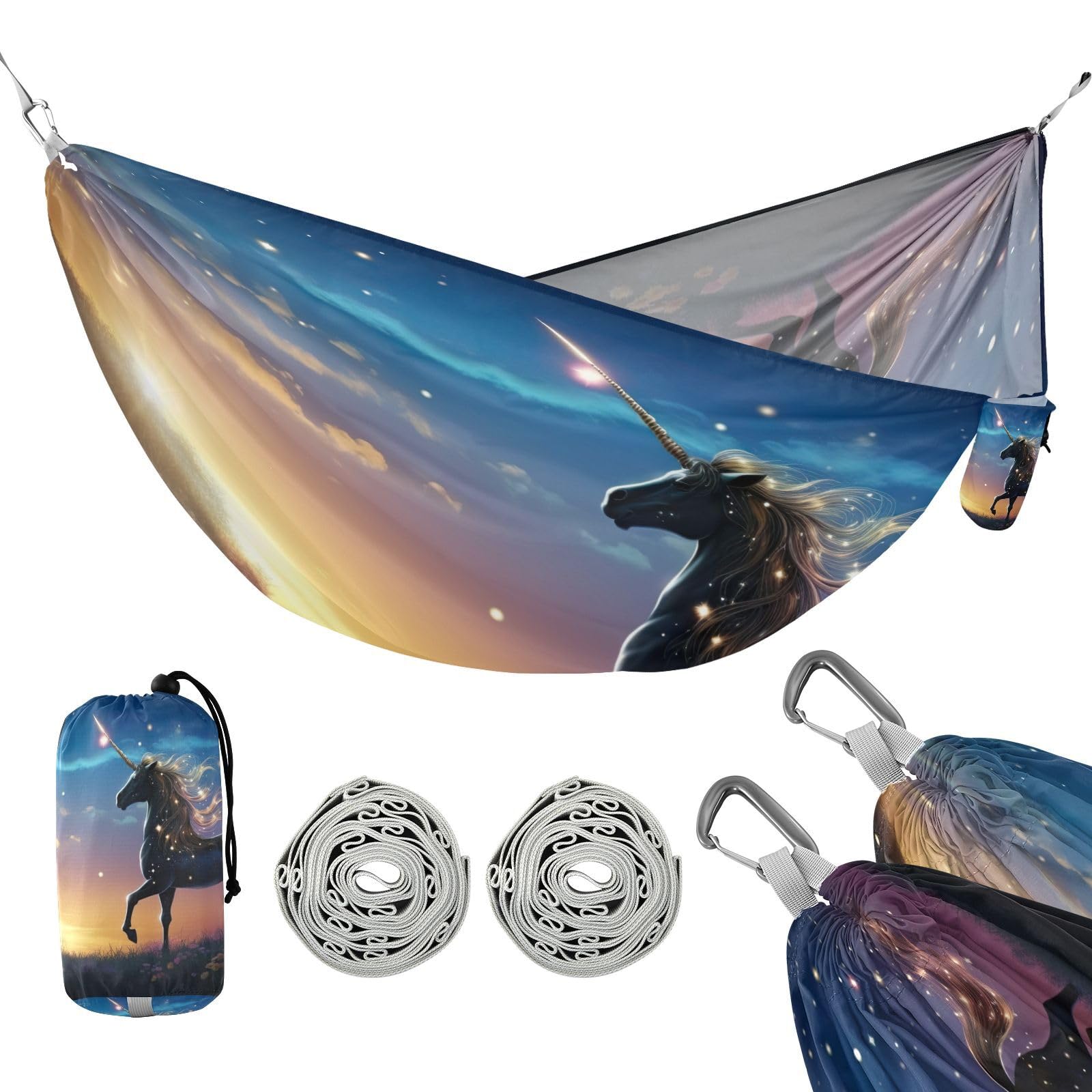 SDMKA Horse in Night Sky Camping Hammock, 330 lbs with 2 Tree Straps, Carry Bag, Single Portable Hammock for Outdoor/Indoor, Hiking, Beach, Backpacking, Travel