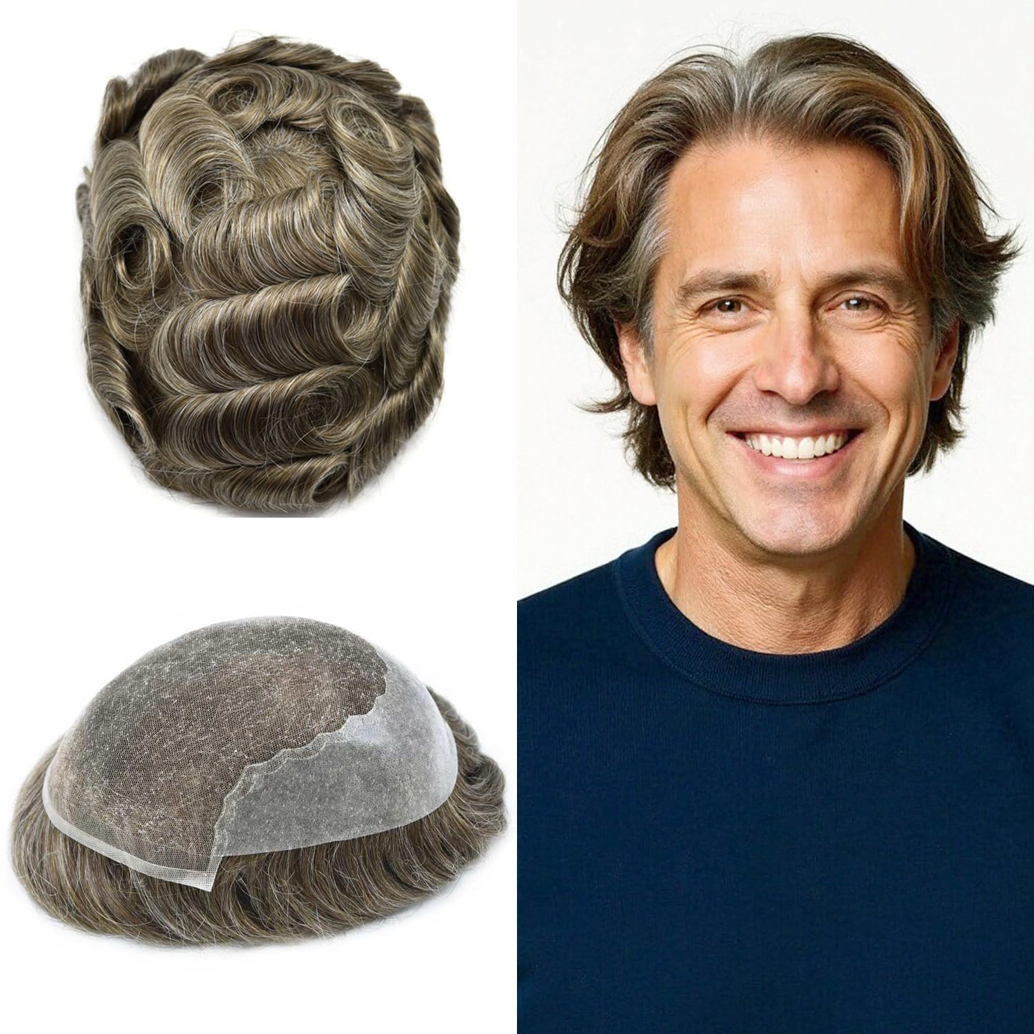 Toupee For Mens Hair Piece Swiss Lace Hair System For Men Lace Front Mens Toupee 100% European Human Hair Piece For Men Bleached Knot 8x10 80% light density #730 7# VERY LIGHT BROWN+30% GREY