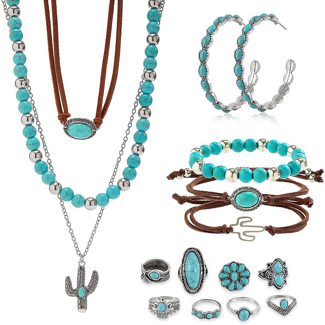 16 Pcs Western Jewelry for Women Bohemian Set, Boho Pendant Long Choker, Faux Leather Layered Bracelet, Hoop Earrings Rings set