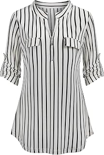 Women's 3/4 Sleeve Plaid Shirts Zip Floral Casual Tunic Blouse Tops