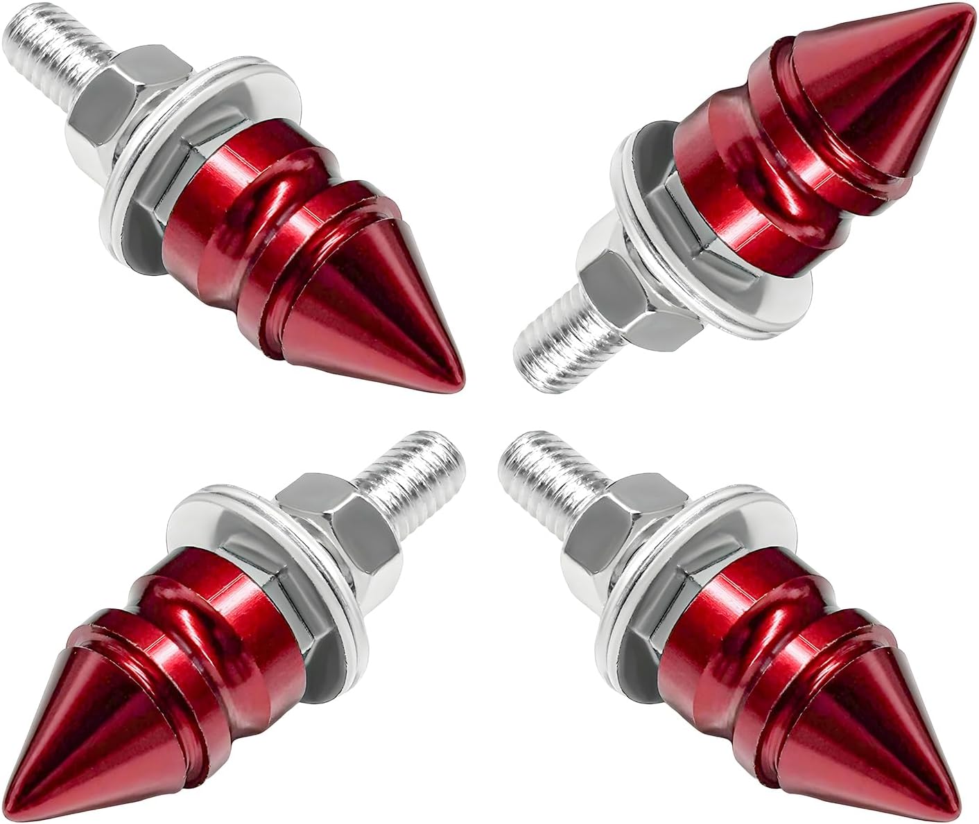 4PCS Spike License Plate Screw Fasteners Kit, Aluminum Alloy Car Tag Frame Bolts Decoration, Anti Theft Cool Spike Shape Fasteners Kit for Fastening Licence Plates (Red)