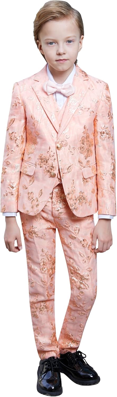Marvelous World Boys' 4-Piece Slim Fit Printed Tuxedo Suit Set, Jacket, Vest, Pants and Bow tie