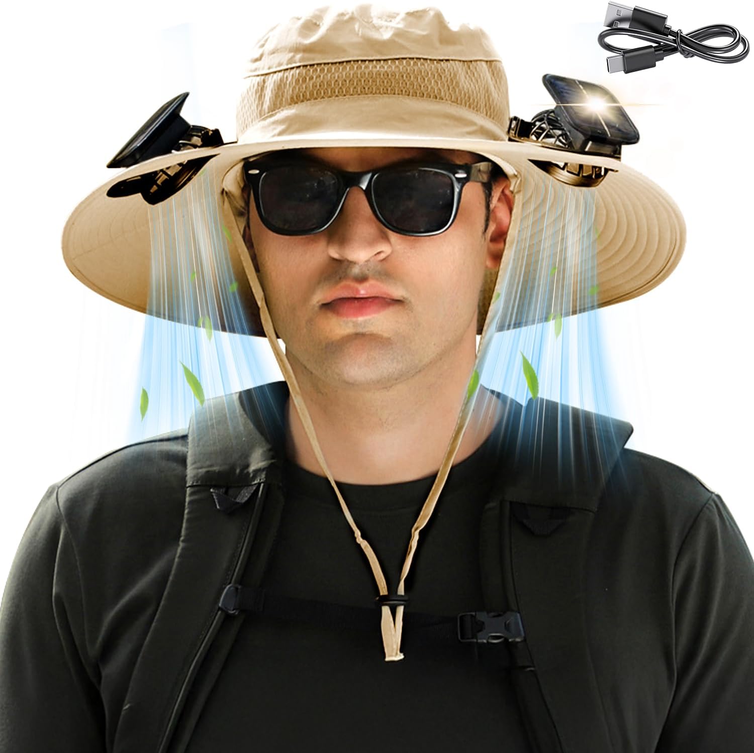 Solar Fan Hat for Men Women, Wide Brim UPF50+ Sun Hat with 2 Removable Fan 3-Speed Wind Solar&USB Charging Khaki