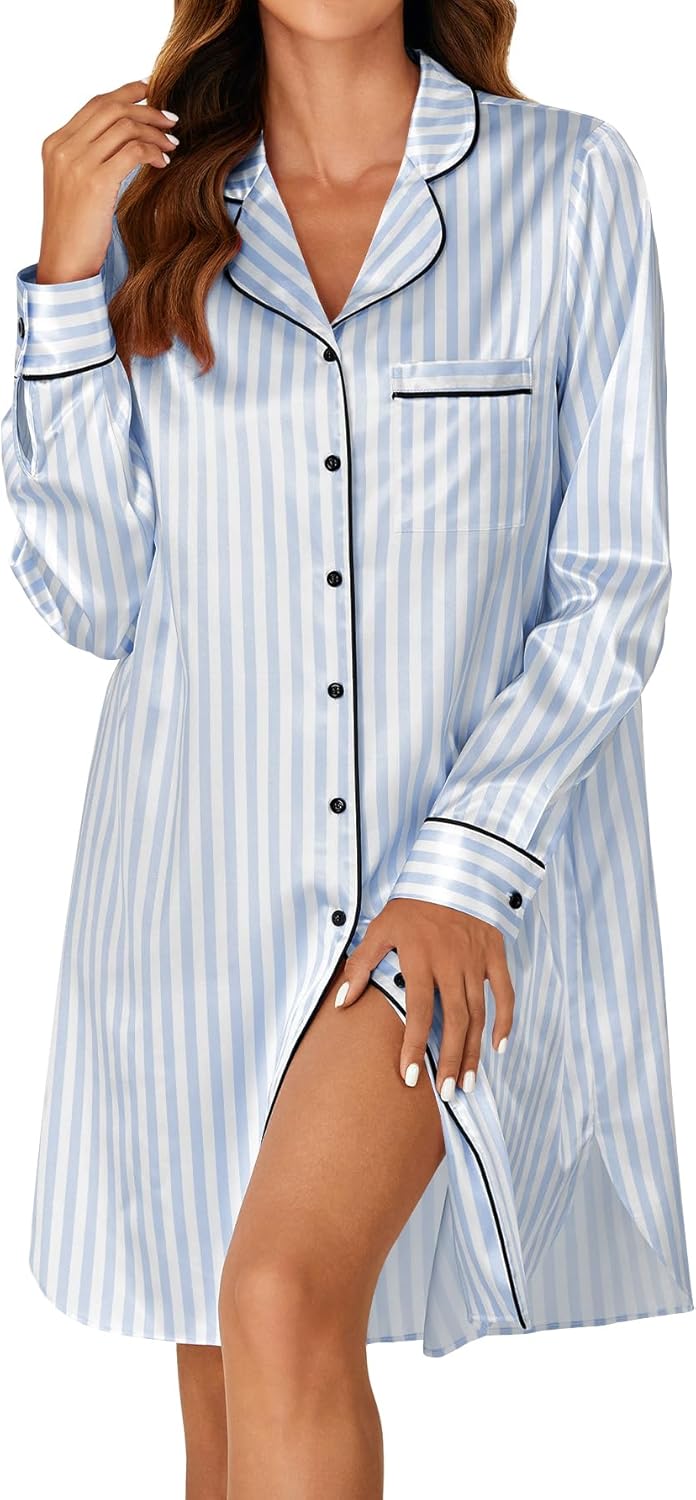 KIFOVEN Women's Silk Satin Striped Nightgown Button Down Collar V Neck Long Sleeve Nightshirt Nightdress