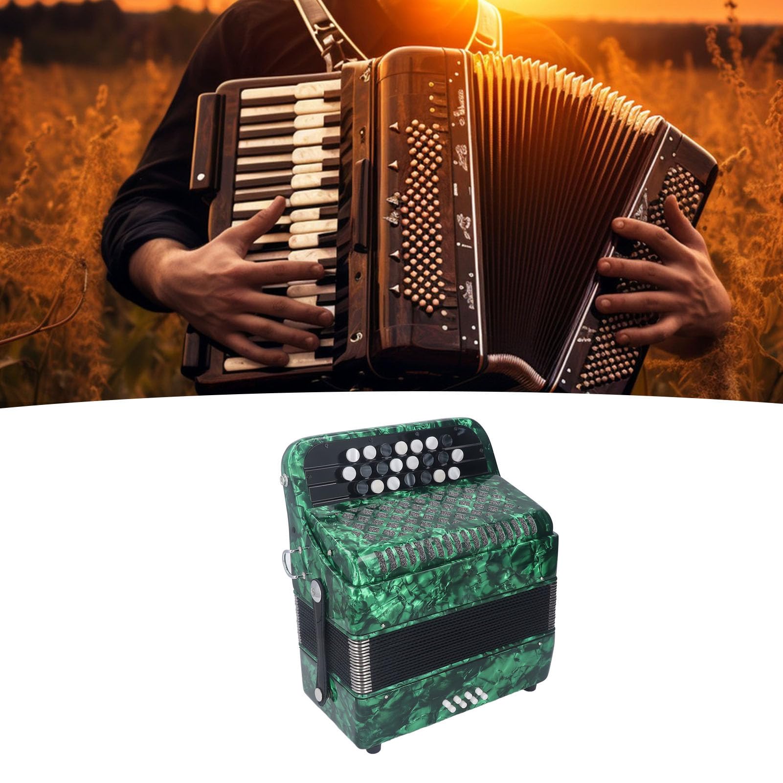 Sorandy Fisarmonica a 22 Tasti 8 Bassi, Strumento Musicale Professionale a Fisarmonica con Bottoni Sensibili Allo Scivolamento con Tracolla per Spettacoli Professionali Ed Esami (GREEN)