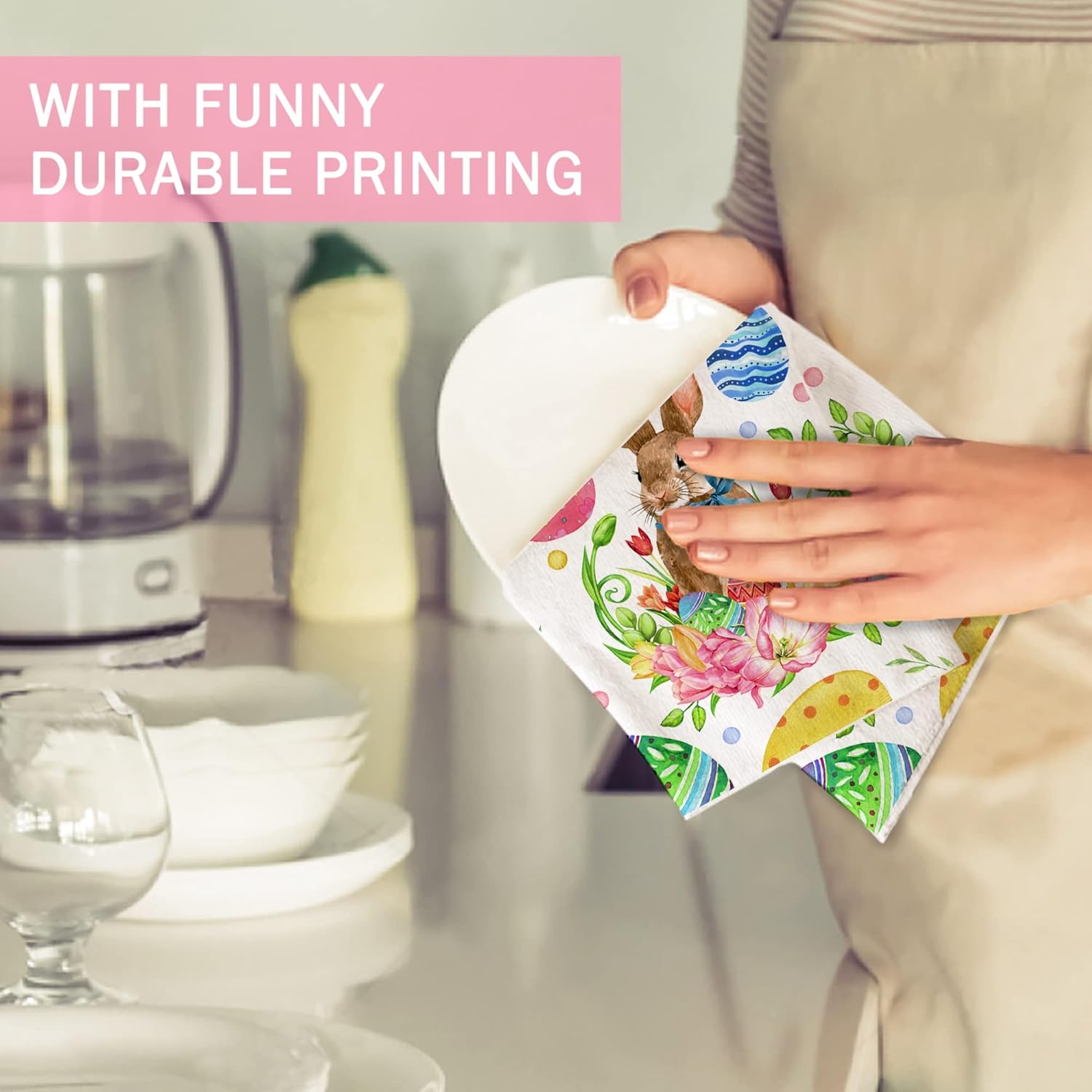 Easter Kitchen Towels Set of 2, Easter Kitchen Decor with Rabbit Bunny Flower Easter Egg, Decorative Dish Towel Dishcloths Multi-use Tea Towel, Reusable Drying Hand Towel 18x28” Home Bathroom Decor - Image 6