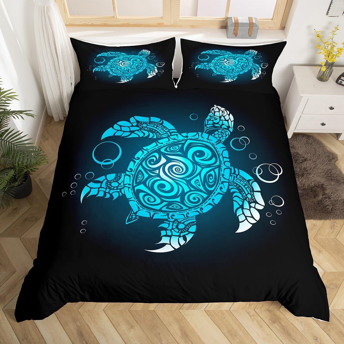 Castle Fairy 3D Sea Turtle Duvet Cover Set King Size,Ocean Tortoise Animal Comforter Cover with 2 Pillowcases,Teal Turquoise Art Painting Modern Bedding Set for Adult Young Bedroom Xmas Gift