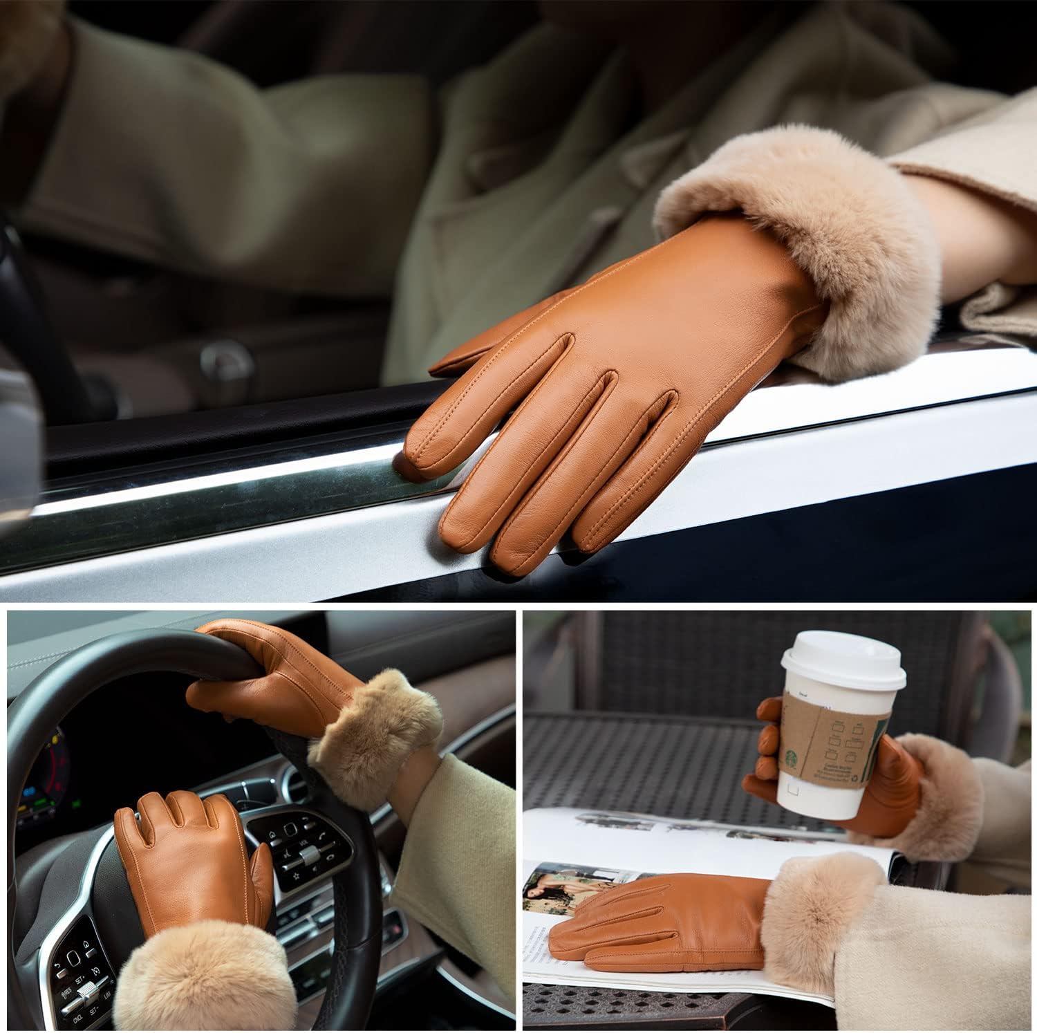 GSG Women Leather Gloves Rabbit Fur Cuff Touchscreen Warm Winter Driving Gloves Lady Multicolor - Image 6