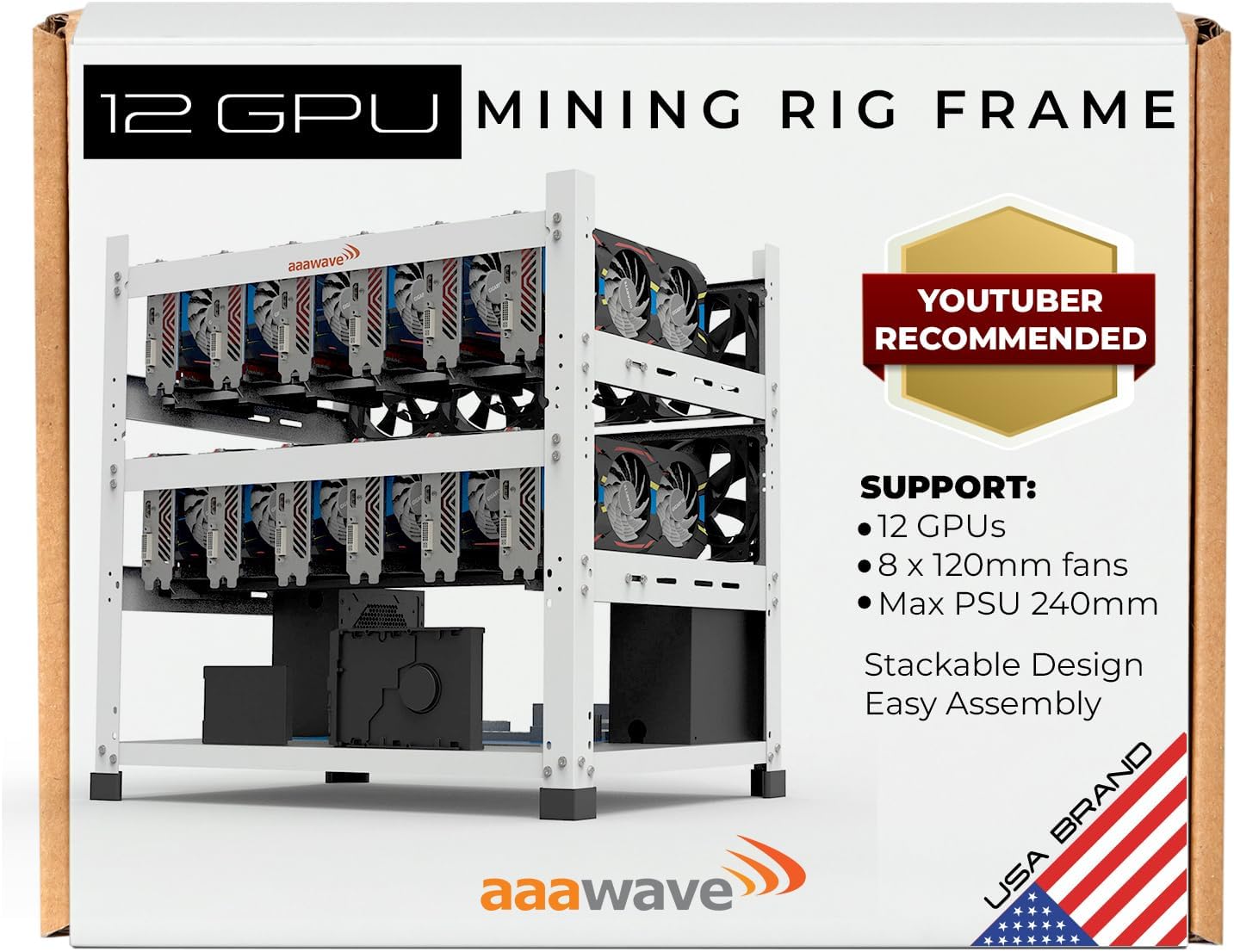 AAAwave 12GPU Mining Rig - The Sluice V2 Steel Open Frame Case, Stackable Chassis for Crypto Coin Currency & AI Machine Learning Applications - White
