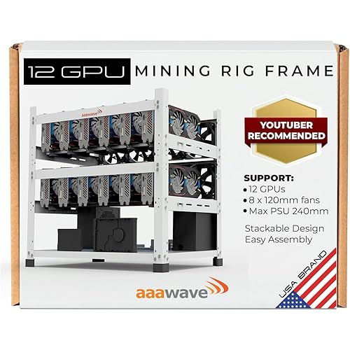 12GPU Mining Rig - The Sluice V2 Steel Open Frame Case, Stackable Chassis for Crypto Coin Currency & AI Machine Learning Applications - White