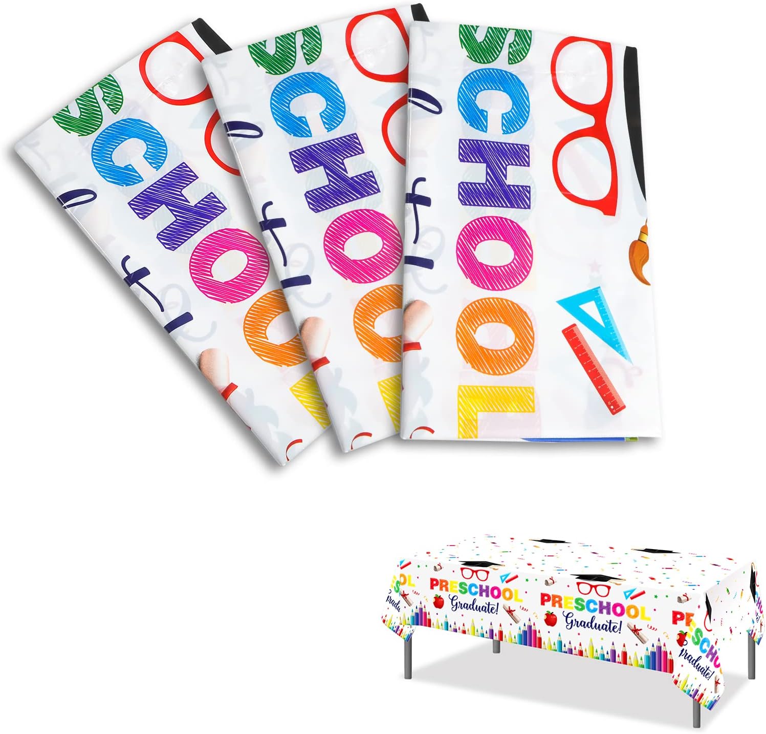 SAVITA 3 Pack Kindergarten Graduation Tablecloths, White Plastic Table