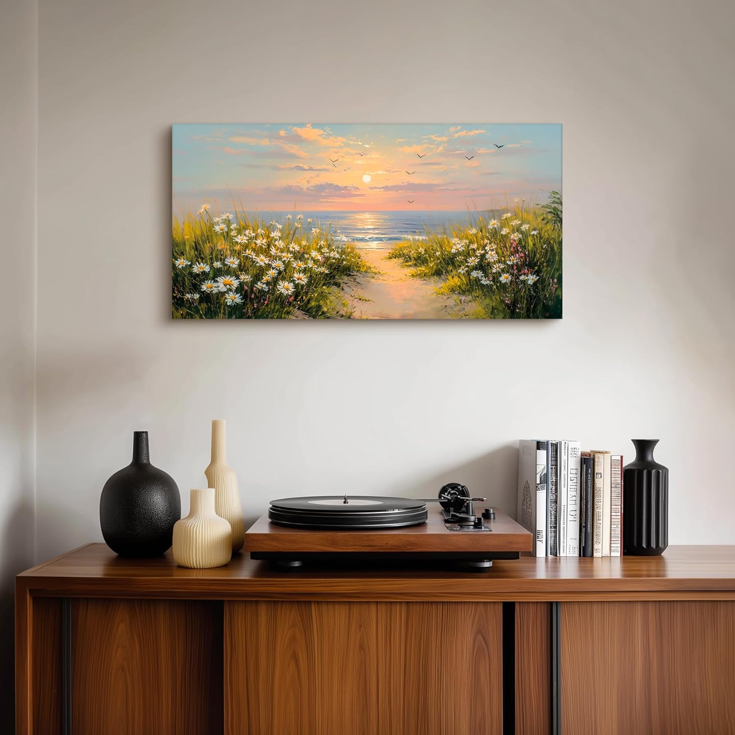 SLYCAY Large Canvas Wall Art Prints, Coastal Daisy Painting Decor, Ocean Sunset Landscape Prints Paintings, Beach Seaside Wildflower Wall Decor Bedroom Living Room Dining Room Office Artwork 20"X40" Sunset Floral Coast 40"L x 20"W