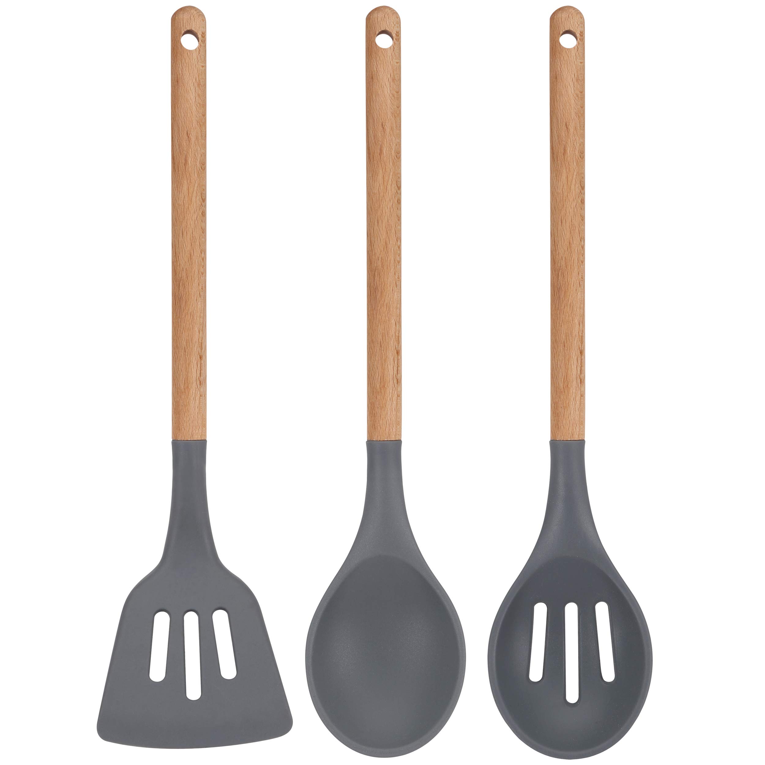 San Ignacio Set 3pc sarten (20+24+28cm) aluminium pressé vert avec Set 3pc ustensiles de cuisine silicone bois