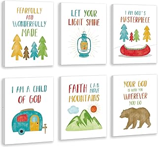 HLNIUC Colorful Bible Verse Canvas Wall Decor(12”x16”x6pcs,Framed) Bible Church Classroom Wall Art, Kid Library Decoration, Toddler Christian Poster, Camping Classroom Decor, Woodland Friends Decor