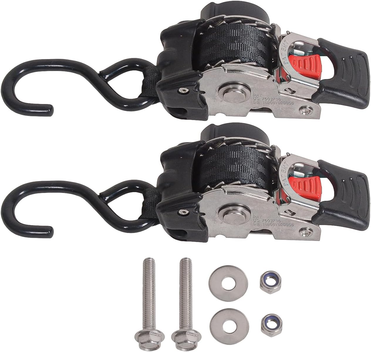 MOTO4U 1" x 6' Bolt-On Retractable Ratcheting Tie-Down Strap,Stainless Steel AutoRetract Marine Strap Transom Tie Downs w/S Hook for Motorcycle Boats Trailers（one Pair）