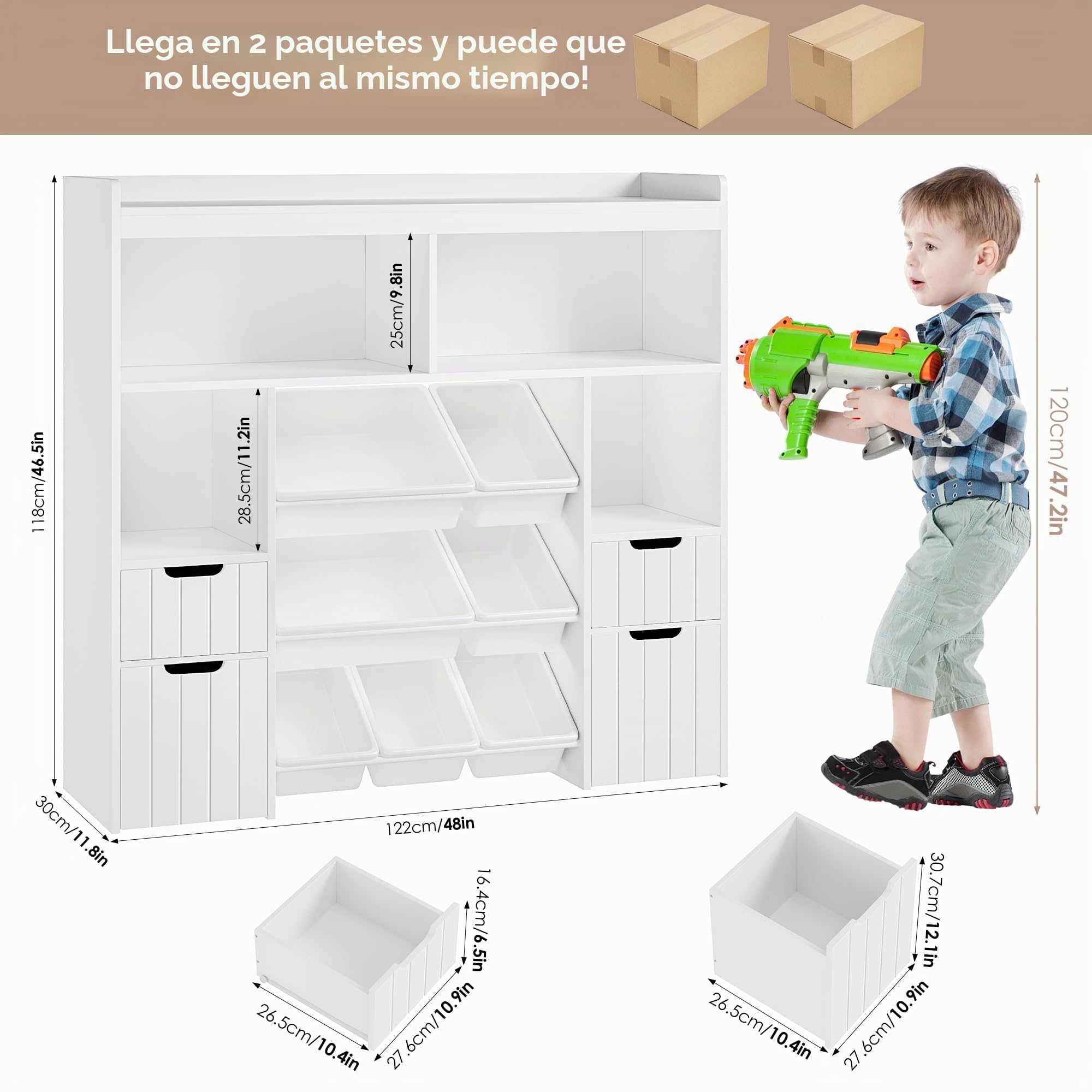 HOCSOK Mueble Almacenaje Juguetes, Mueble Juguetes Organizador, Librería Infantil Montessori, Estantería Infantil para Jugetes y Libros, Organizador Juguetes Infantil, Blanco, 122 x 118 x 30 cm