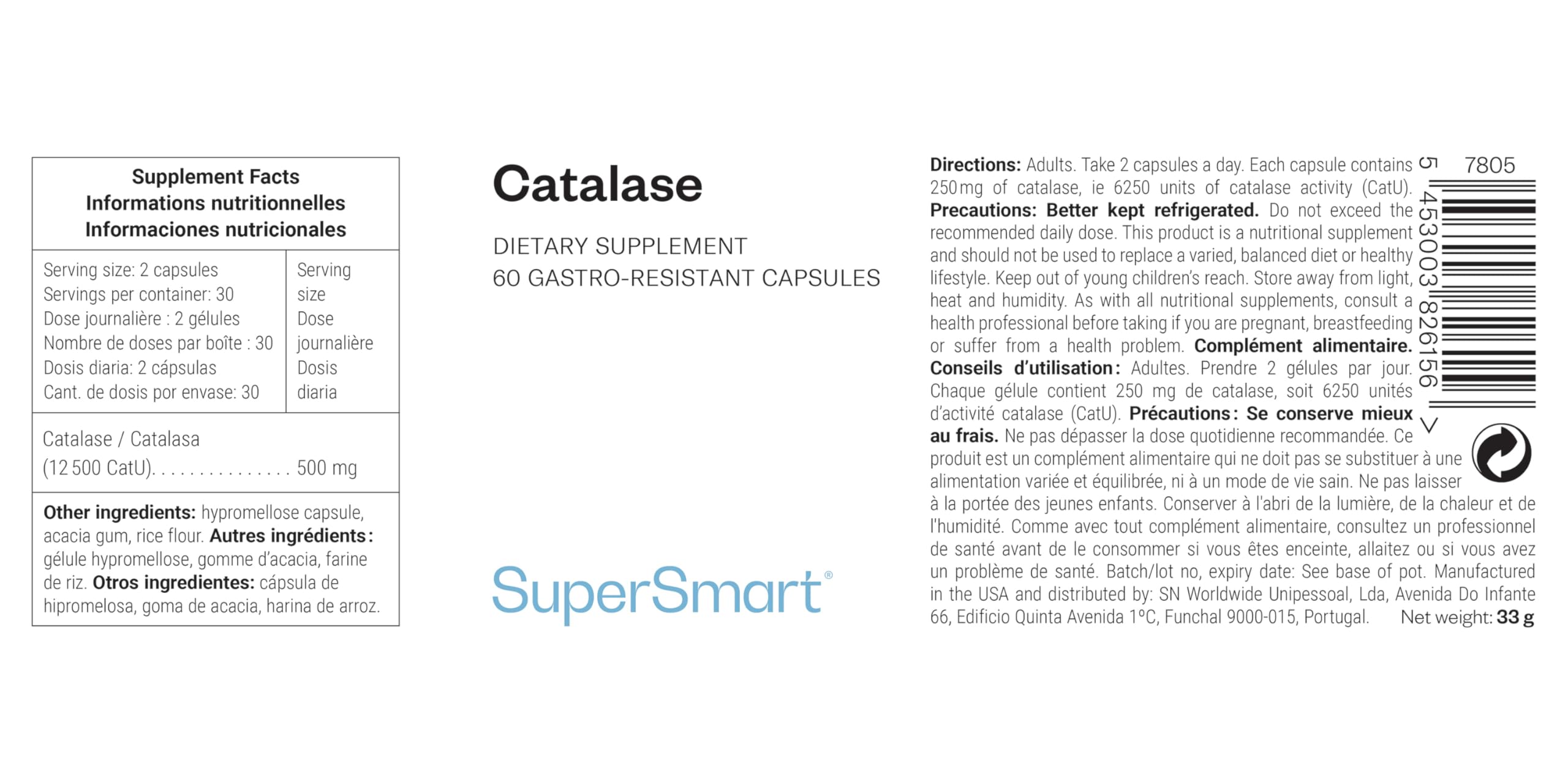 Catalase Anti-Cheveux Blancs 60 gélules SuperSmart - Blanchiment Prématuré Poils - Anti-Âge - Restauration Couleur Naturelle - Vegan
