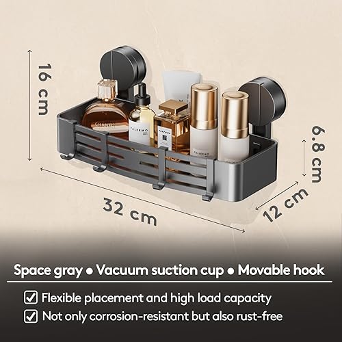 Miniatura 5 de Carrito de ducha con ventosa sin taladrar  4 ganchos, 12.6 in de longitud, capacidad de carga de 22.0 lbs, instalación en 1 minuto  Estante de ducha