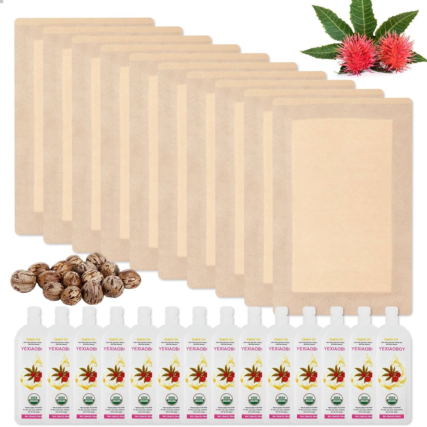 Castor Oil Pack Wrap 11.02 * 6.29in Large Self-Adhesive with 4Oz Organic Castor Oil Cold Pressed USDA Certified 22