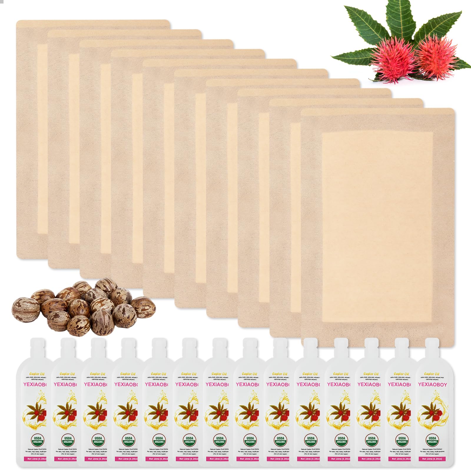 Castor Oil Pack Wrap 11.02 * 6.29in Large Self-Adhesive with 4Oz Organic Castor Oil Cold Pressed USDA Certified