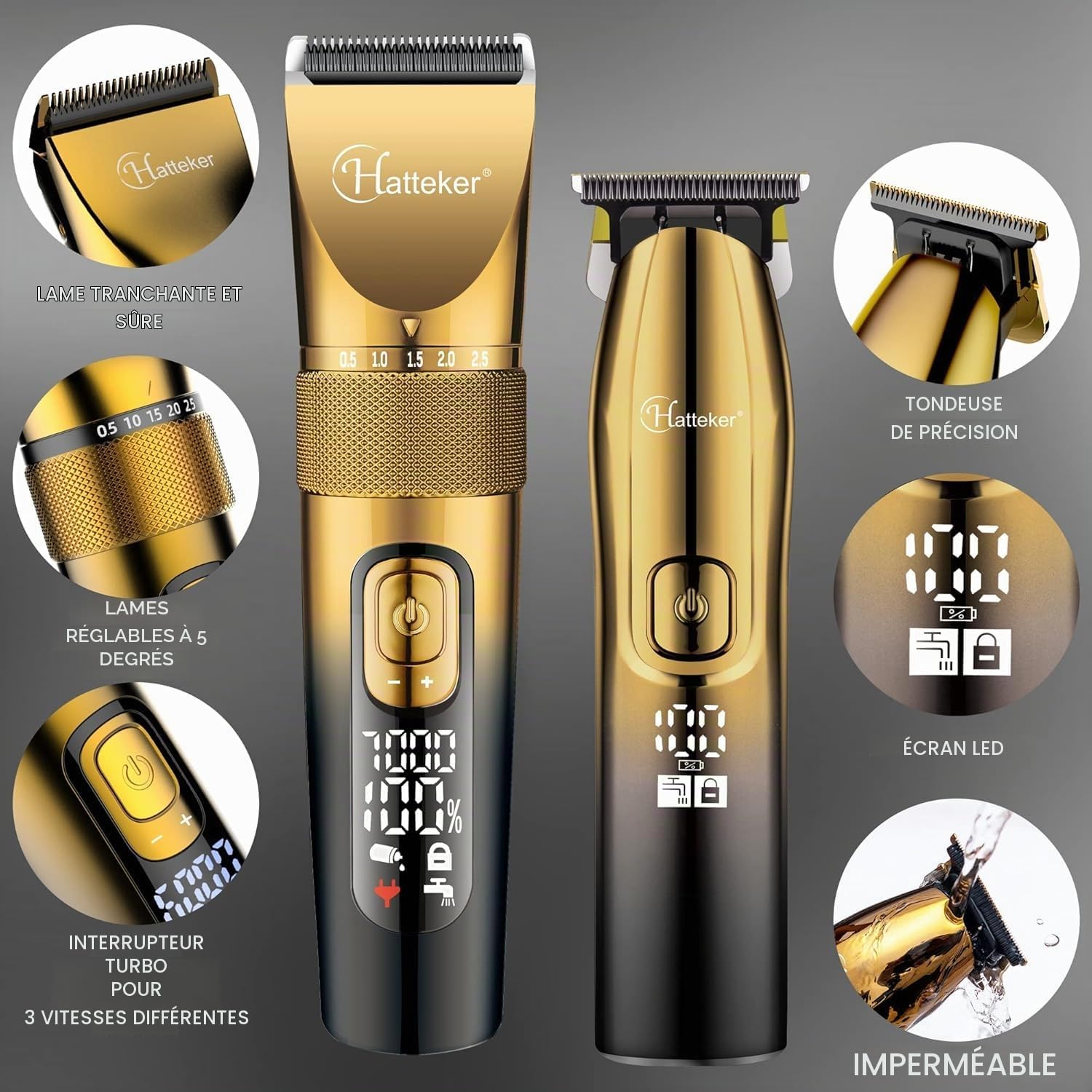 Hatteker Tondeuse à cheveux professionnelle pour hommes et t - blade tondeuse kit de coiffure sans fil kit de beauté ipx7 imperméable à l'eau (or)
