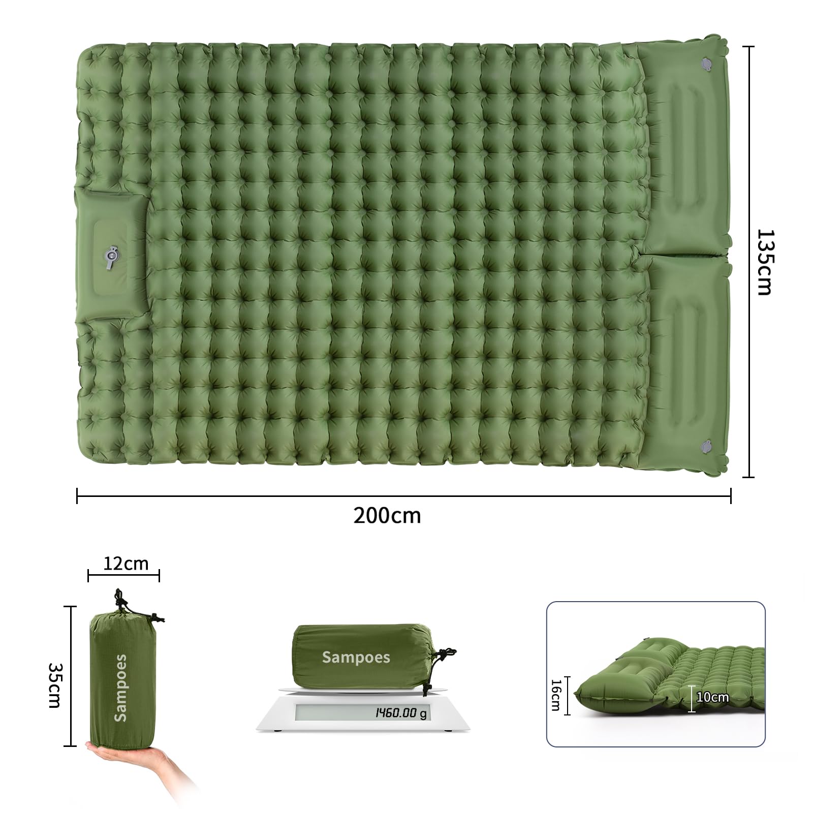 Sampoes Zelfopblazende slaapmat voor 2 personen, verdikt luchtmatras, zelfopblazend, 10 cm, dubbele campingmatras met voetpomp, outdoor luchtmatras, opblaasbaar voor wandelen, reizen, tent