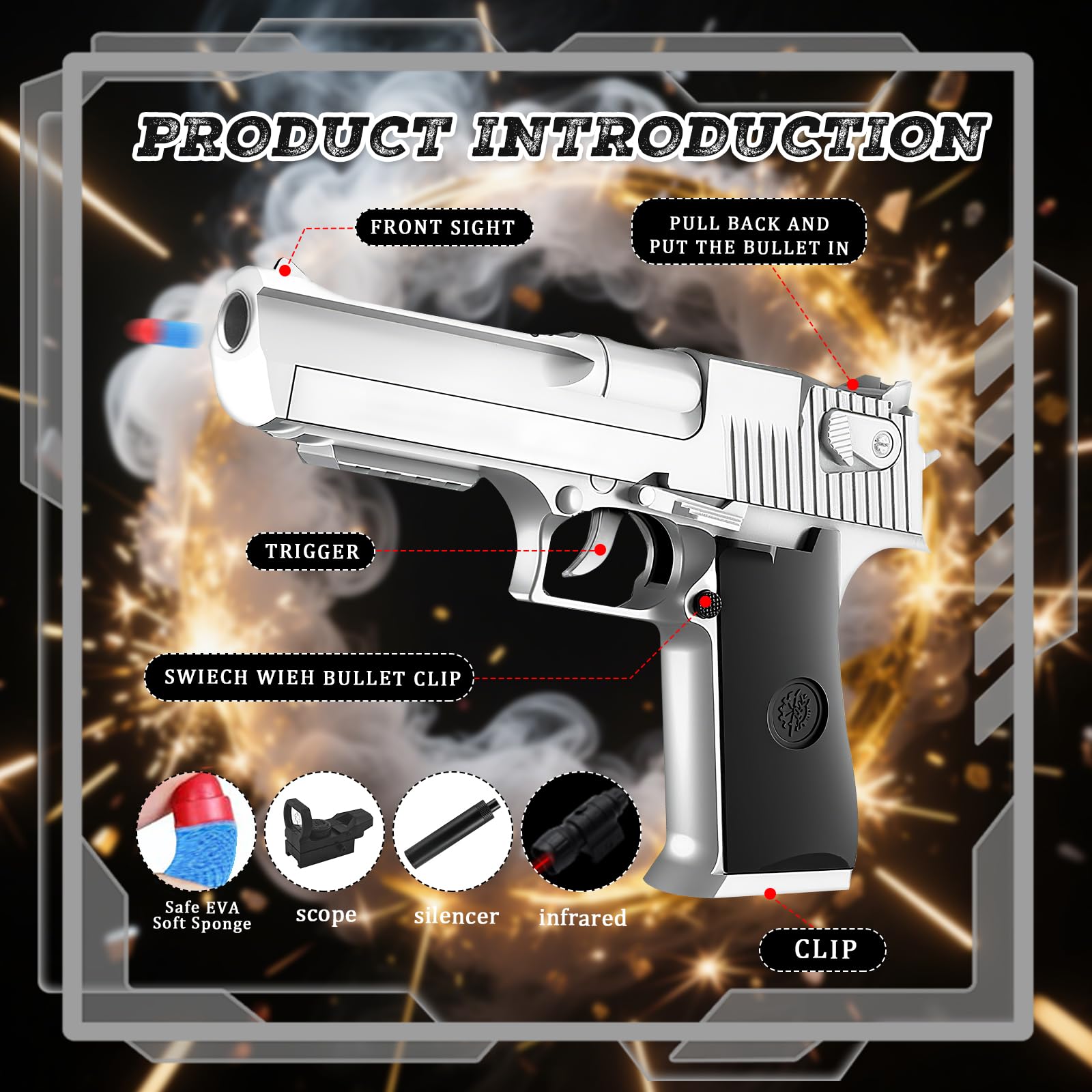 Pistola Giocattolo Bambini, Pistola Giocattolo a Proiettile Morbido, Armi Giocattolo, Pistola per Bambini, Blaster in Schiuma, Pistola Giocattolo Realistica, con Proiettile Morbido (Argento) | Pistola Soft Bullet in schiuma, con proiettili in schiuma, car