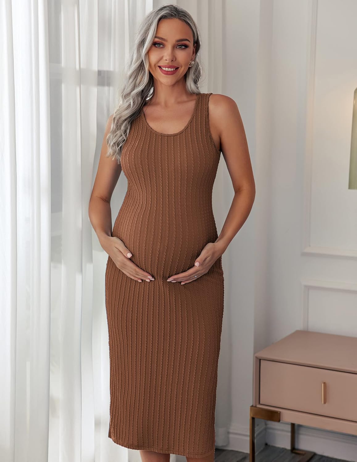 Ekouaer Women's Maternity Dress Rib Knit Sleeveless Tank Side Slit Bodycon Dresses Pregnancy Clothes S-XXL - Image 2