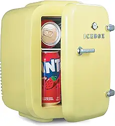 ICEBOX IBMF4SUN Geladeira para quarto, cuidados com a pele, refrigerador portátil e aquecedor de maquilhagem, para escritório e frigorífico doméstico, mini (4 L / 6 latas), amarelo sol