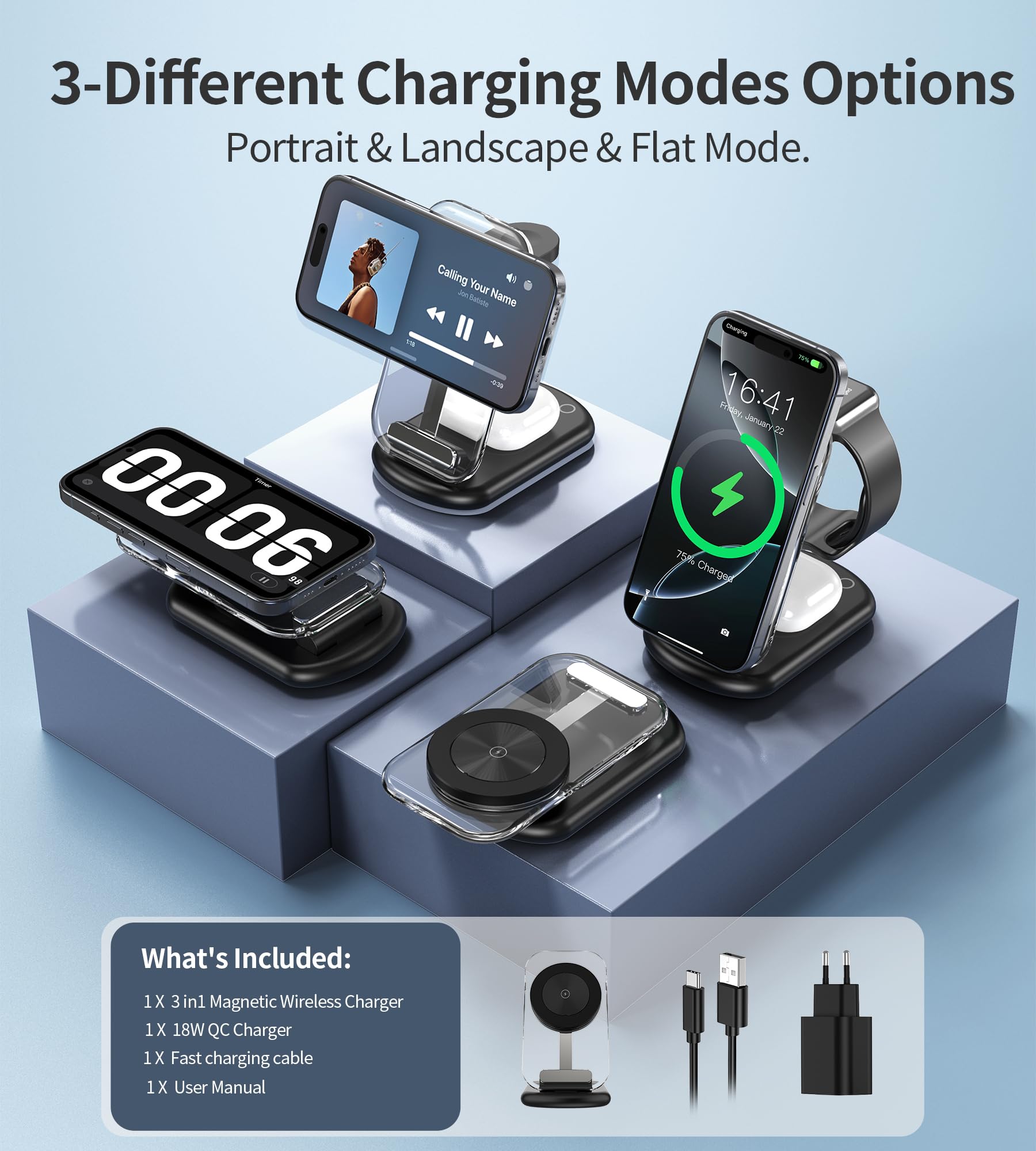 Estación de carga inalámbrica 3 en 1 para Mag-Safe, cargador magnético inalámbrico plegable y ajustable, soporte de cargador de viaje Mag-Safe con luz para iPhone Series 15/14/13, AirPods, Apple Watch