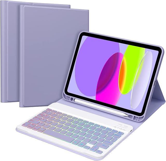 GOKOCO iPad 10th Gen Keyboard Case iPad 2022 10.9 Inch Tablet Cover Magnetically Detachable Macaron Color Bluetooth Keyboard With 7 Colors Backlight Give Full Protection with iPad(Purple)