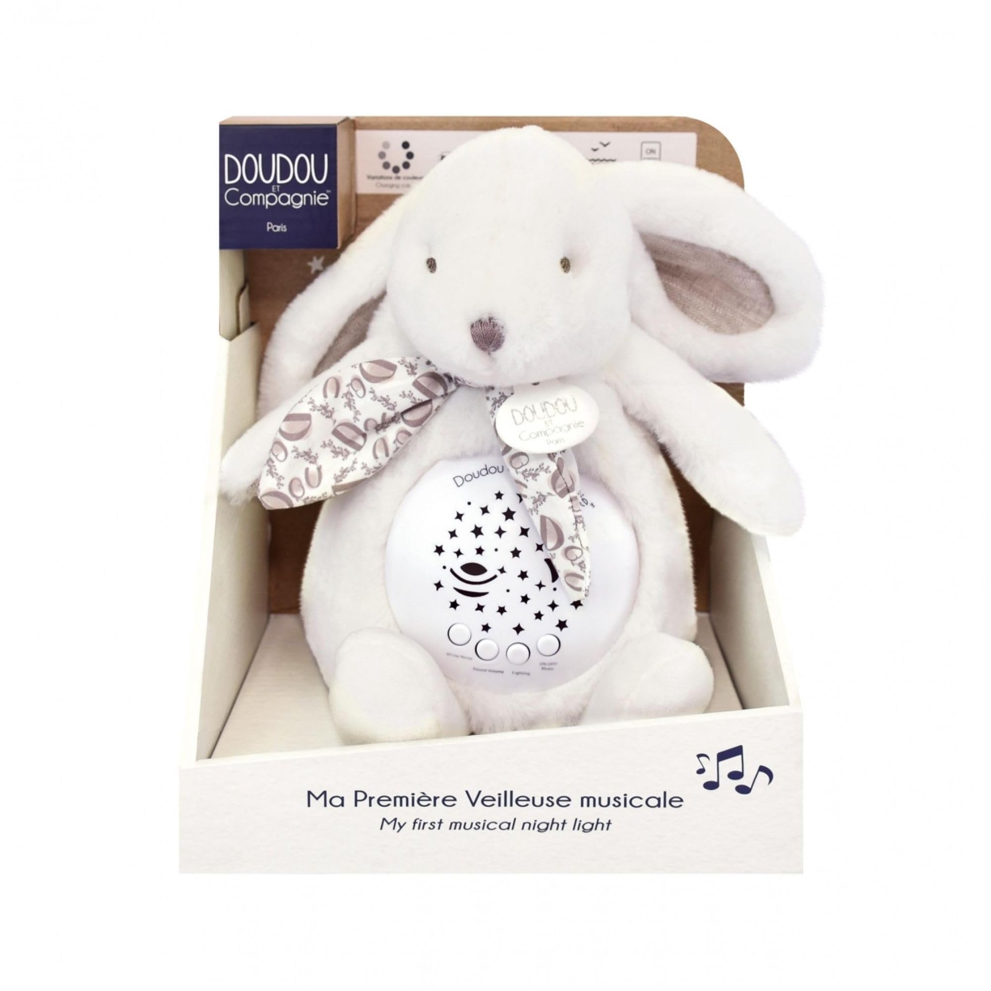 DOUDOU AND COMPAGNIE - Muzyczna lampka nocna z białym królikiem z projekcją gwiazd - Pluszowa przytulanka z melodiami i kojącymi światłami - Baby Night Mate - Pomysł na prezent z okazji narodzin