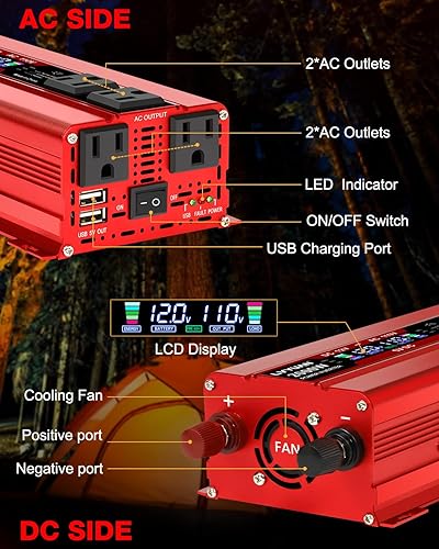 Vista 44 de LVYUAN Inversor de corriente de coche de 1500 W de 12 V a 110 V para vehículos con pantalla LED, salidas de EE. UU., puertos USB para acampar al Rojo