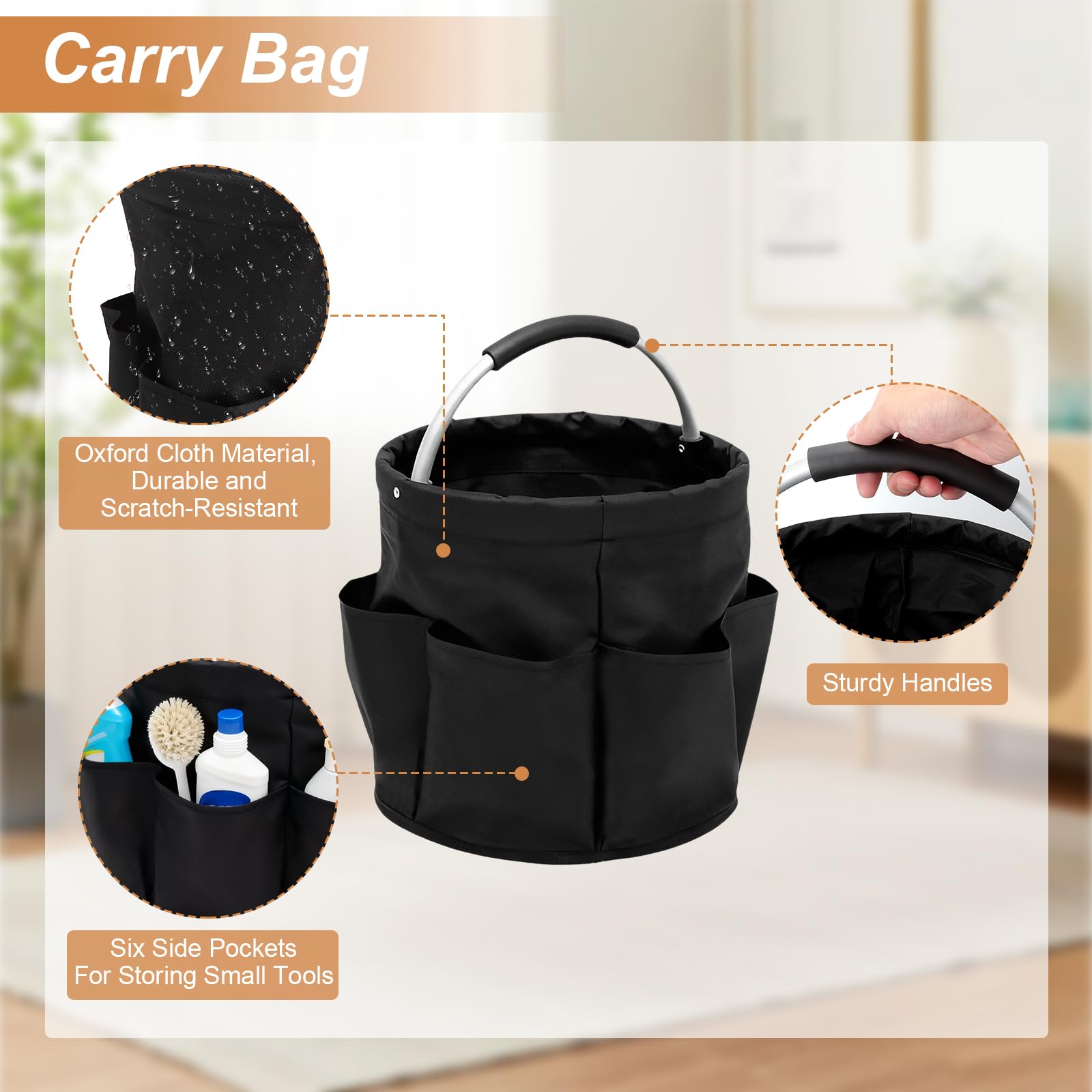 Organizer detersivi, borsa pieghevole per la pulizia, cestino per la da 17 litri con manico e 6 scomparti, borsa portatile per la pulizia contenitore per bagno soggiorno giardino (28x28 cm) - 3