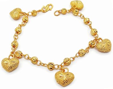 Lovely Hearts 23K 24K THAI BAHT YELLOW GOLD Plated Charm Bracelet 8 inch Jewelry Women