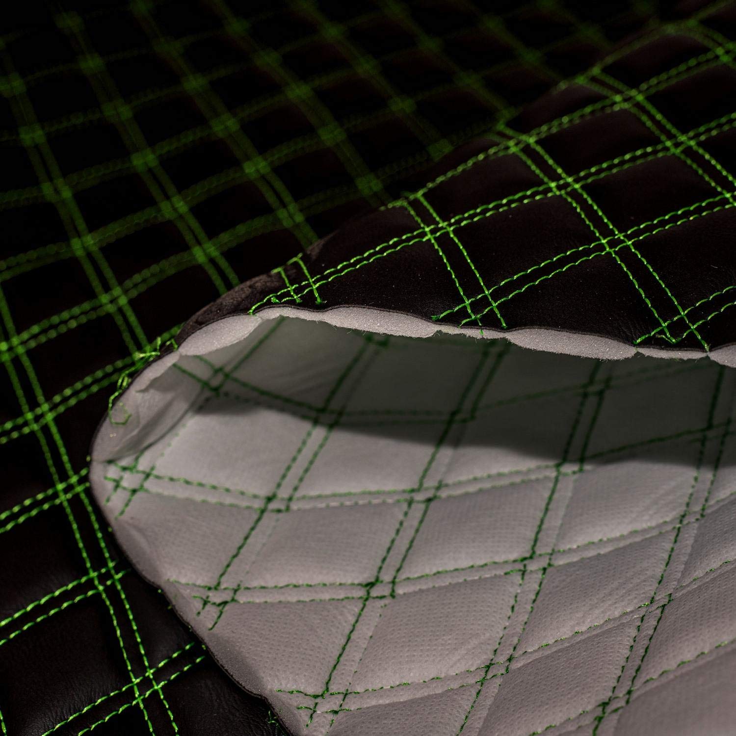 Double Stitch Diamond Bentley Car Quilted 6mm Scrim Foam Faux Leather Leatherette Upholstery Fabric by The Metre - Black with Green Stitching
