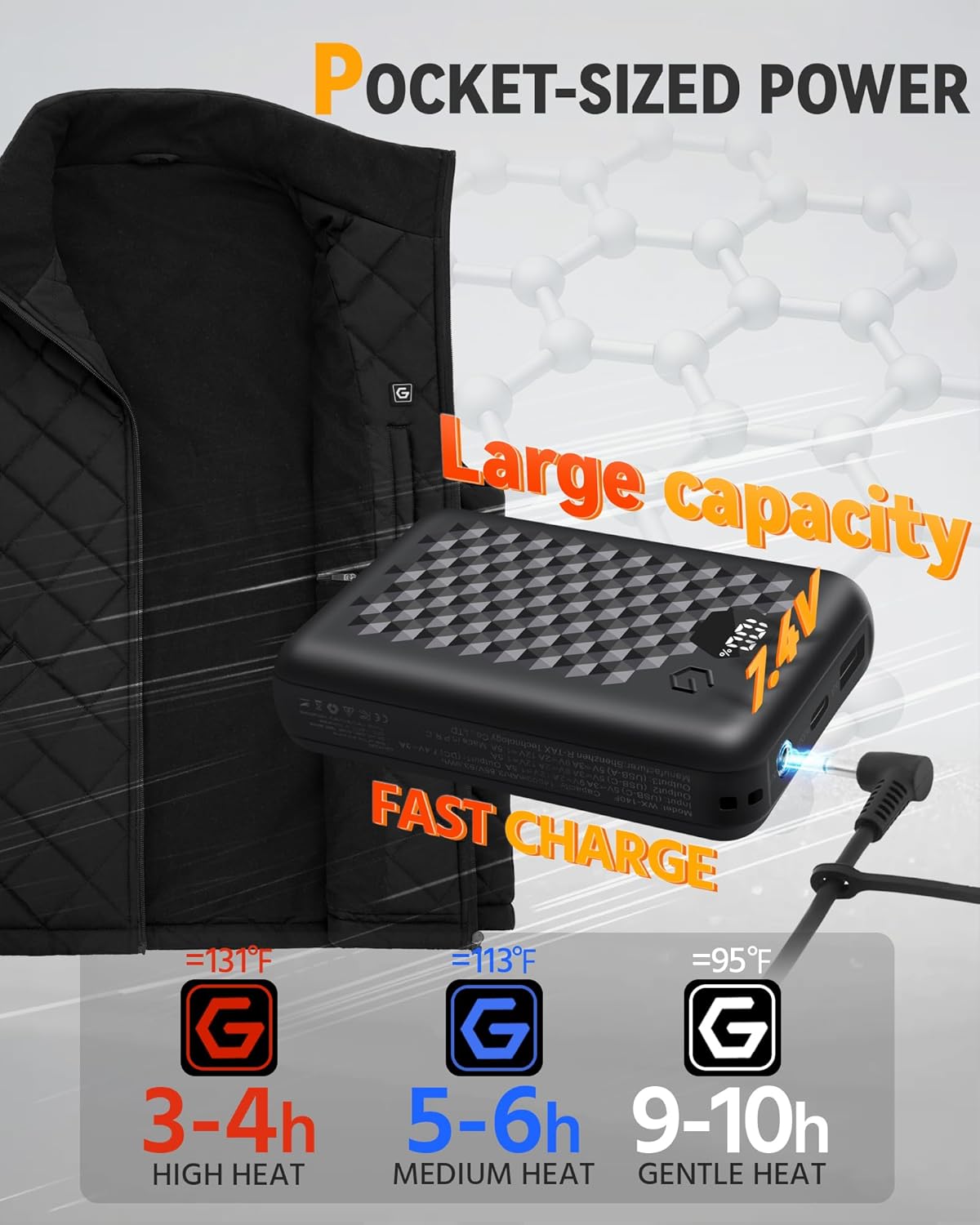 Wulcea Graphene Heated Vest For Men 7.4V Fast Charge Large Capacity Battery - Image 3
