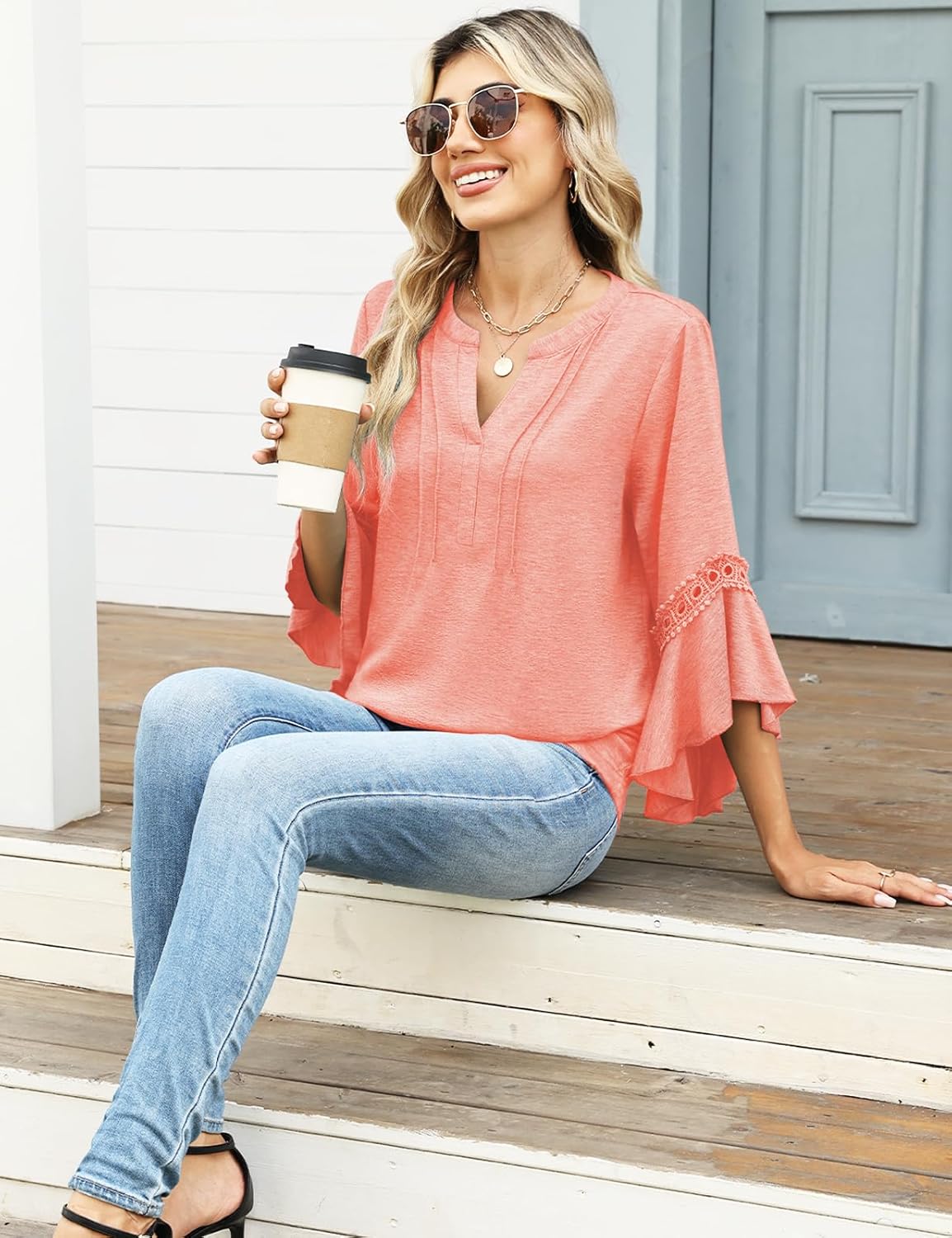 VIMPUNEC Womens 3/4 Length Sleeve Tops Dressy Casual Blouses V Neck Business Shirts Summer Clothes - Image 5