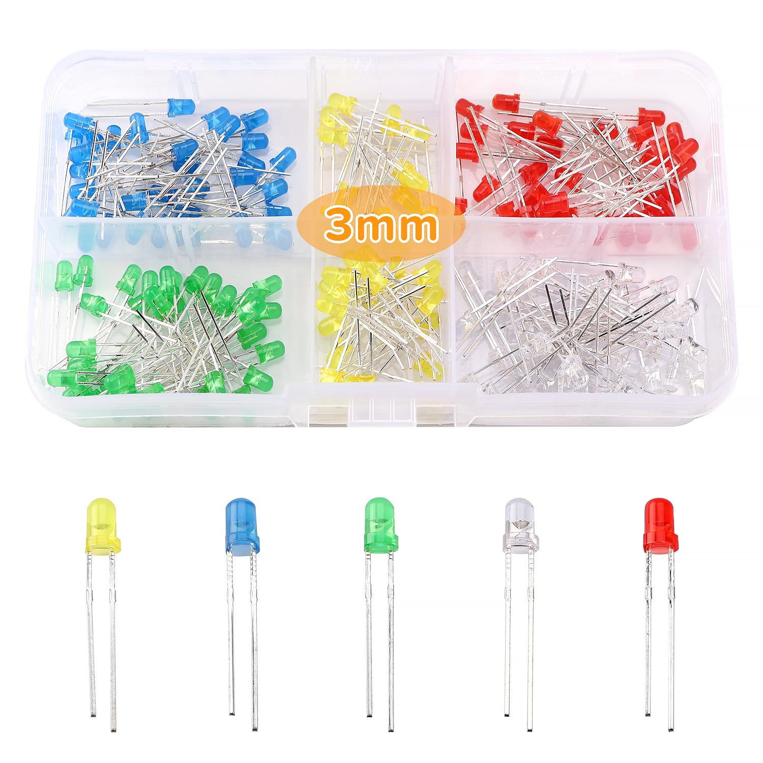 LED Diodo 3mm 2-Pin Testa Rotonda Bianco Rosso Giallo Verde Blu 150 Pezzi