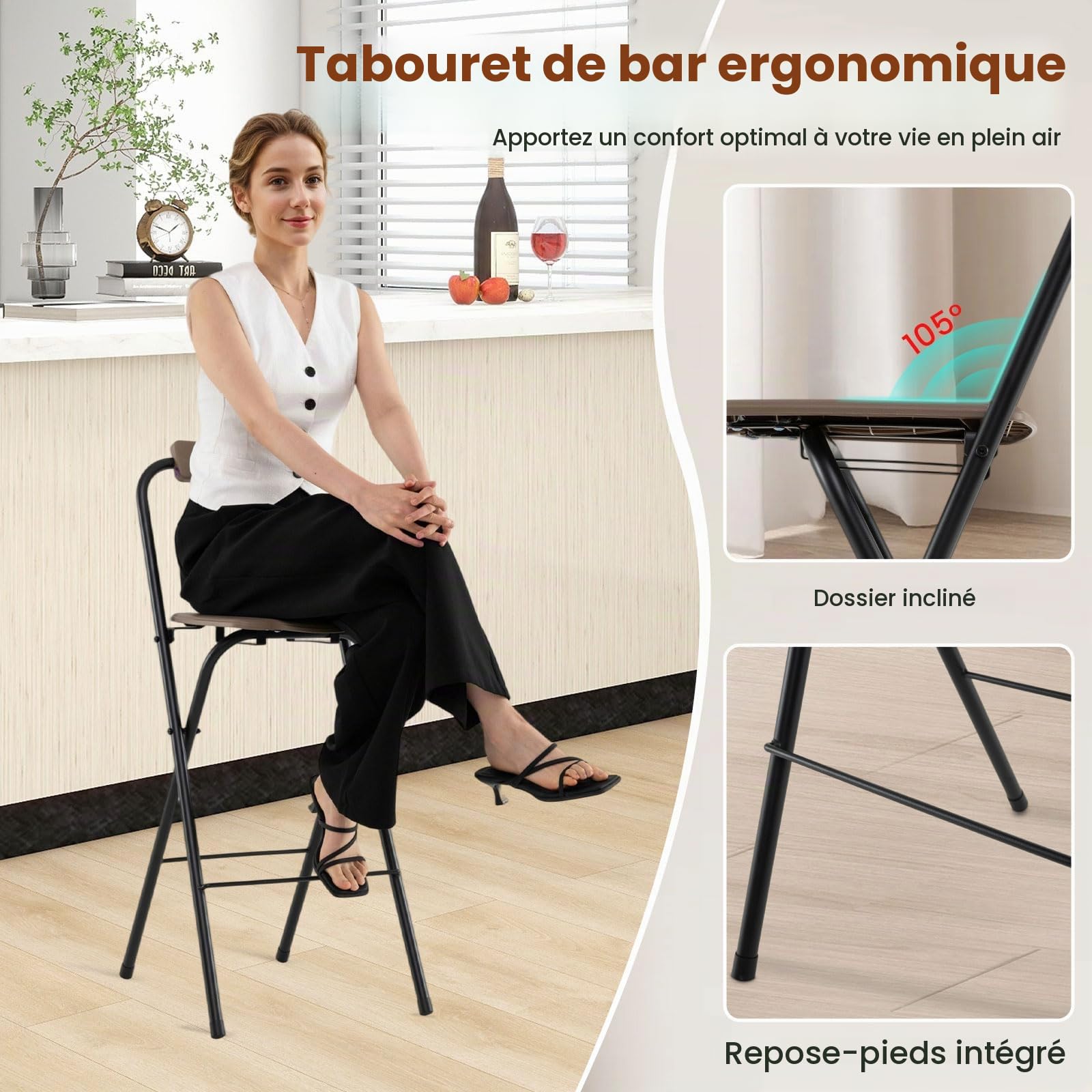 GIANTEX Lot de 2 Tabouret Pliant, Tabouret de Bar avec Dossier Inclinable, Assise Incurvée Repose-Pieds, Structure en Métal, Charge 150 kg, Chaise de Bar pour Salon, Balcon, Terrasse, Jardin, Marron