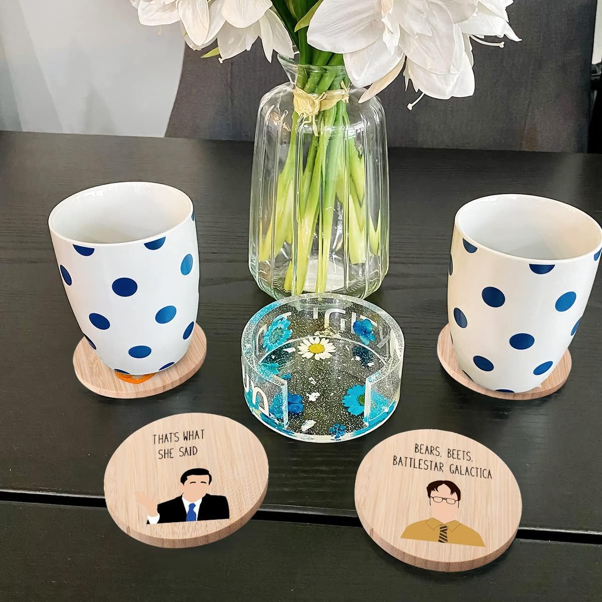 The Office Bamboo Wood Coasters Set of 6, Coasters for Drinks with Holder Housewarming Gift Kitchen Decor - Image 7