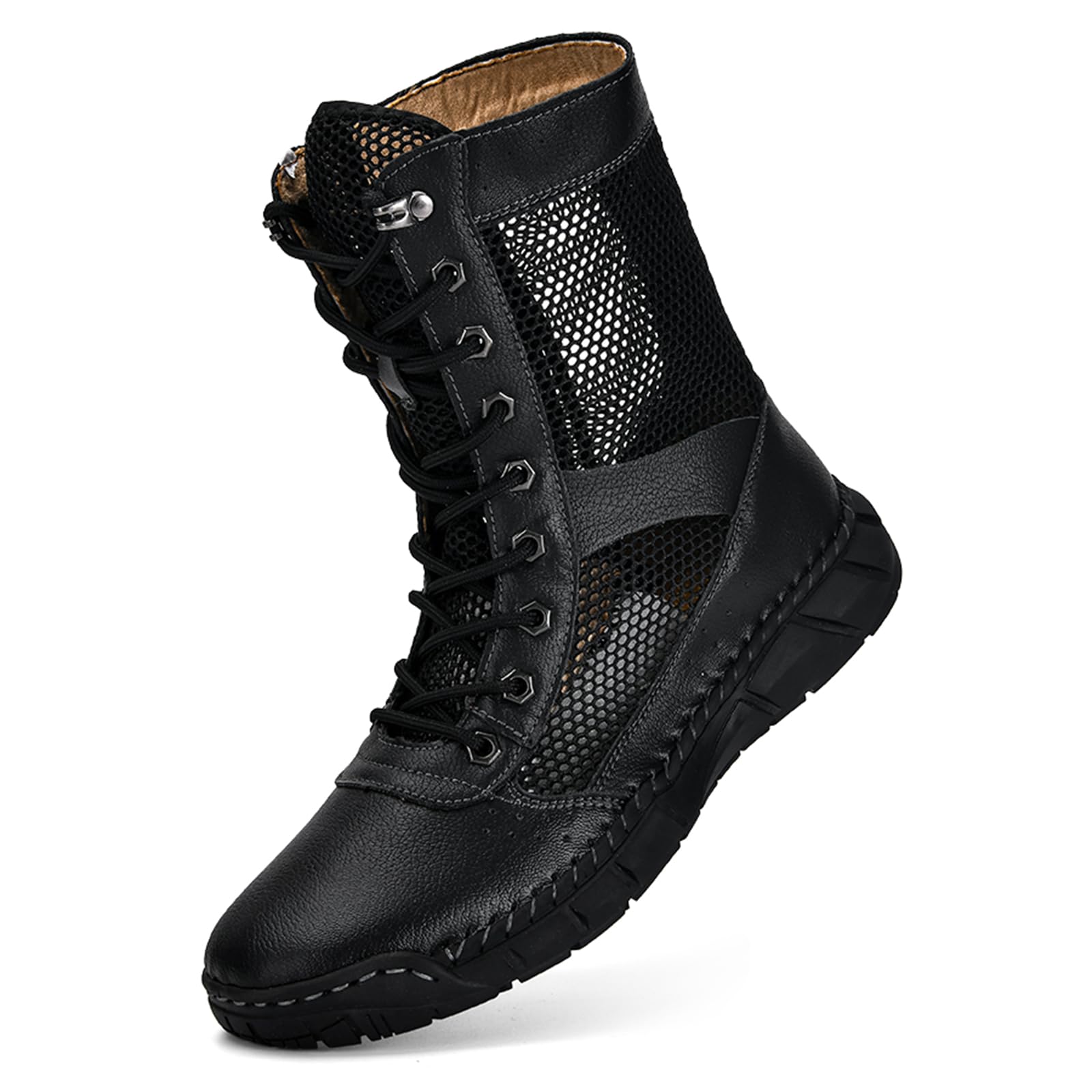 Men Womens Leather Breathable Mesh High Top Lace Up Ankle Boots Low Heel Comfortable Lightweight Round Toe Non