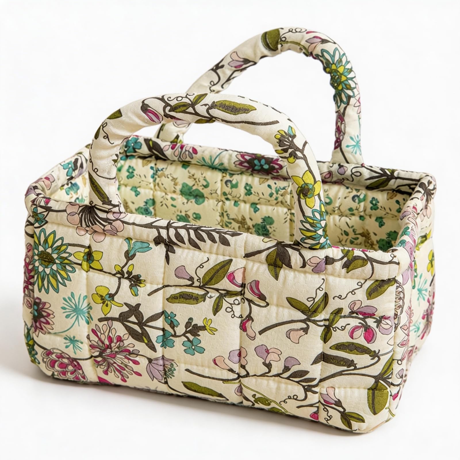 Vintage Floral Print Quilted Storage Basket Foldable with Handles Portable Snack Laundry Bathroom Cosmetic Skincare Organizer for WomenBedroom Essentials (12)
