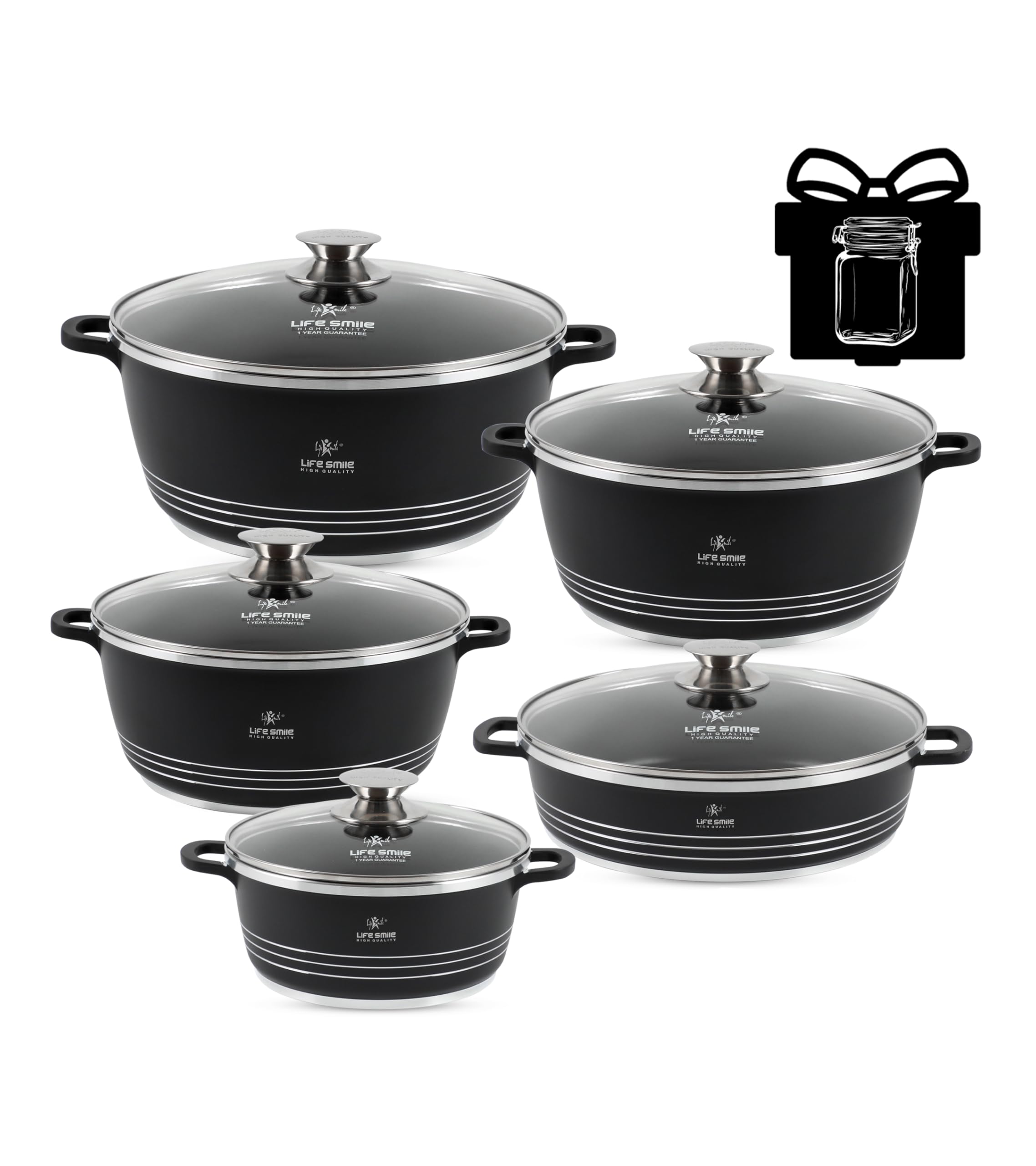 LIFE SMILE Cookware Set Granite Stone - Pots and Pans set Multi Layer Granite Non Stick Coating Cookware Sets 100% PFOA FREE, Oven Safe Cooking Sets (Black (Ceramic), 10 Pieces)