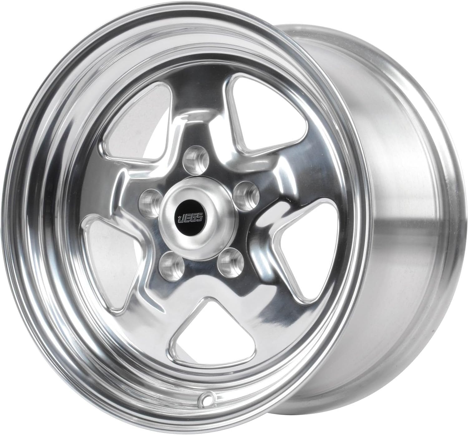 JEGS Sport Star Aluminum Wheel 15in.x 8in.| 5 x 4.5in.Wheel Bolt Pattern Spacing | 25 mm Offset | 5.5in.Backspacing | Polished Finish | 3.27in.Center Bore | Includes Center Cap
