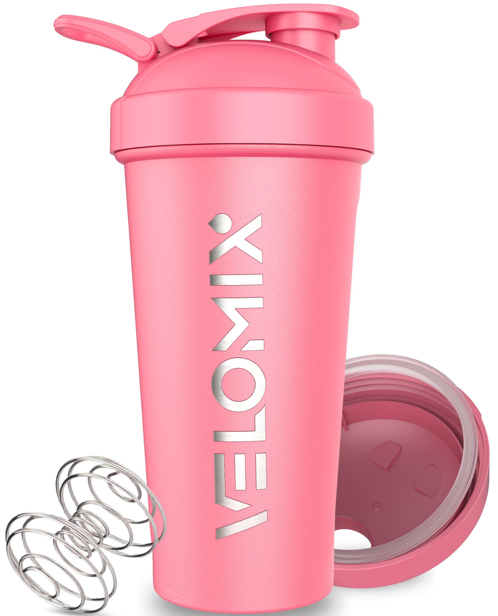 VELOMIX 24oz Stainless Steel Shaker Bottle with Wire Whisk, Pink