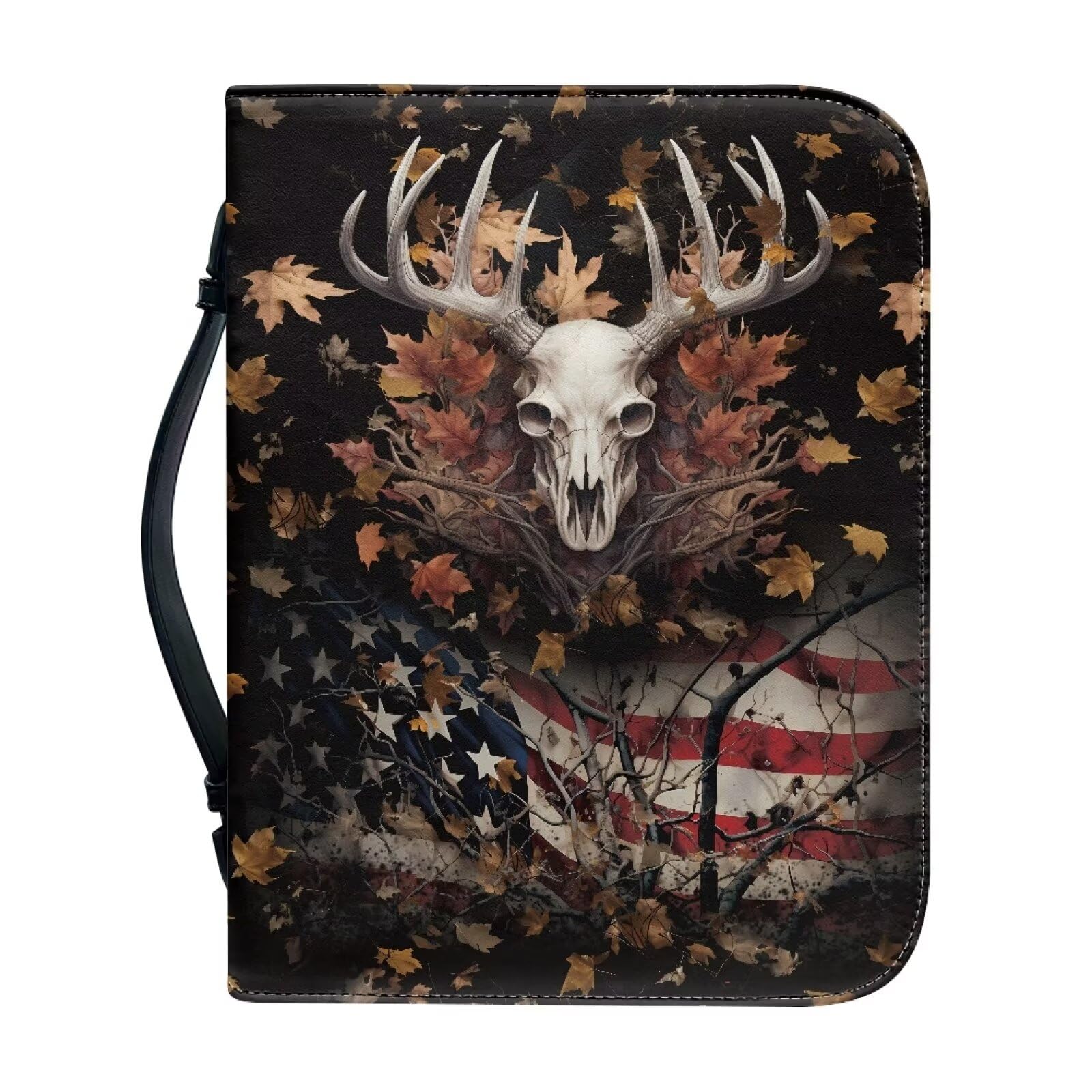 Talayituse Deer Skull Print Faux Leather Bible Cover for Men Boys Women Girls American Flag Christian Bible Case with Handle Carrying Book Case Protector Bible Tote Handbag Gifts, XL โ image 1