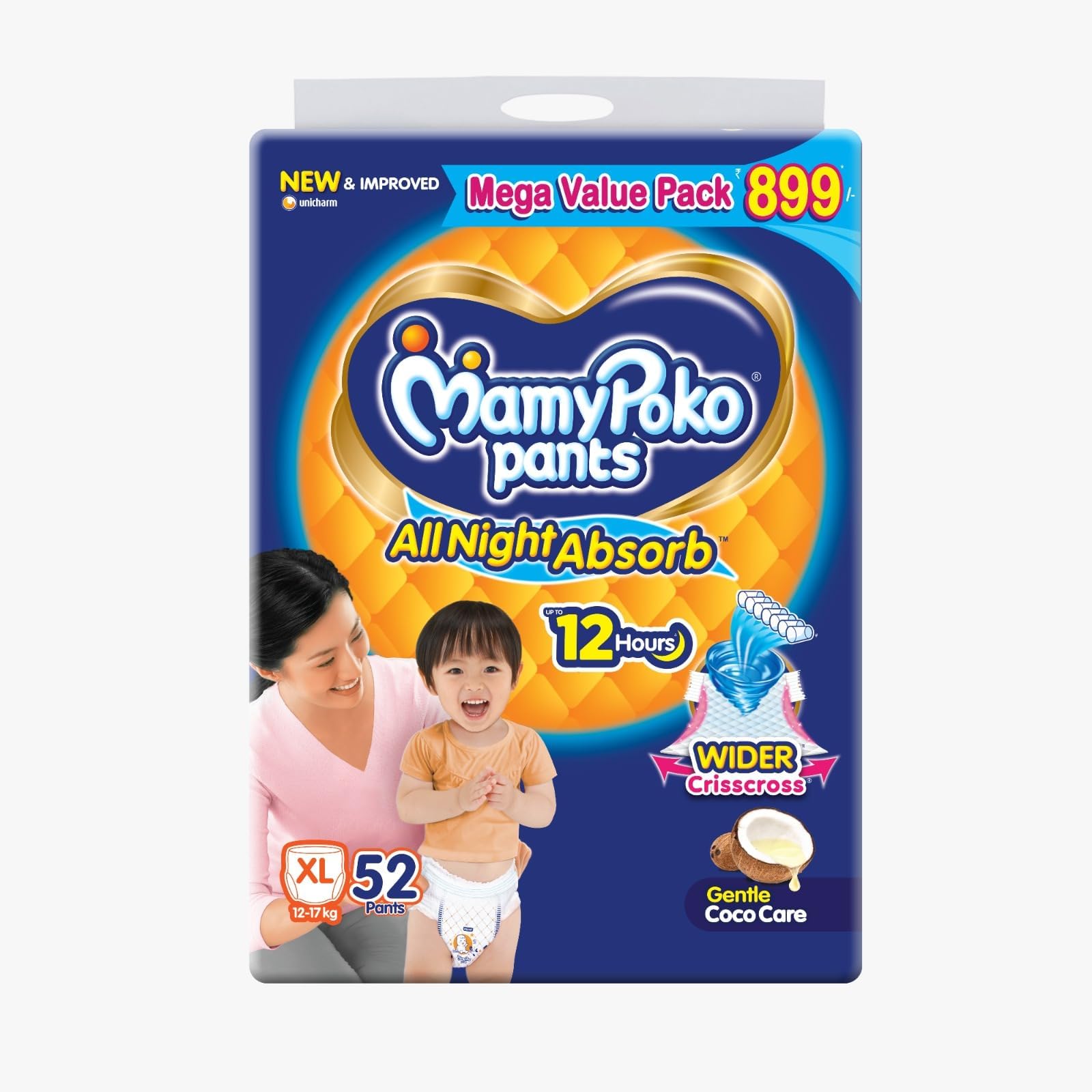 pants All Night AbsorbPant Style Baby Diapers Size(XL), 52 Count, Ideal for 12-17Kgs|+50% wider and repeated absorption for all night 12hr protection from leakage, prevents heaviness.