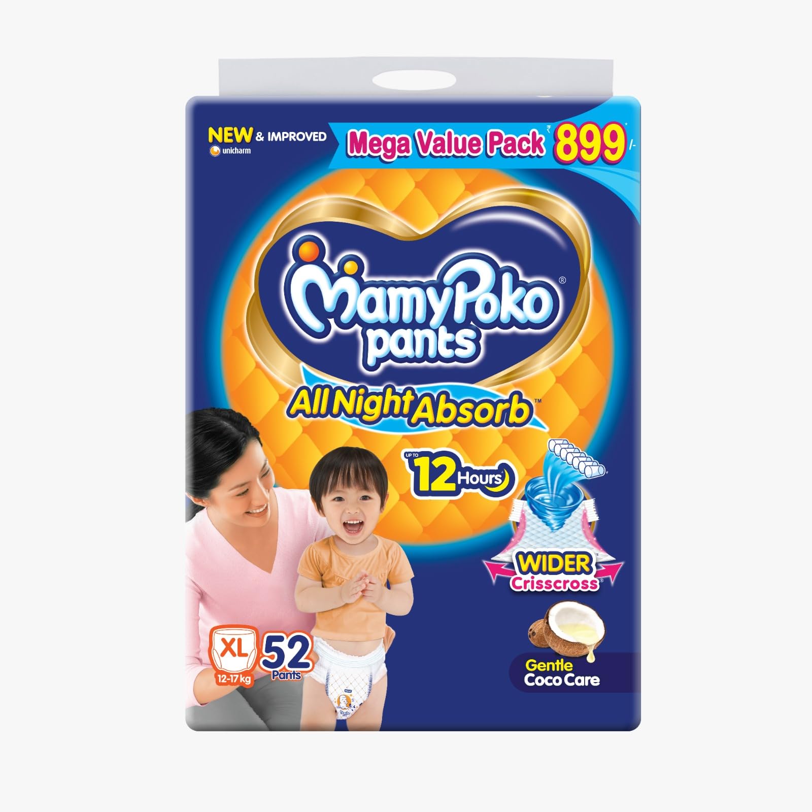 Mamypoko pants All Night Absorb| Pant Style Baby Diapers X- Large Size(XL), 52 Count, Ideal for 12-17Kgs|+50% wider and repeated absorption for all night 12hr protection from leakage, prevents heaviness.