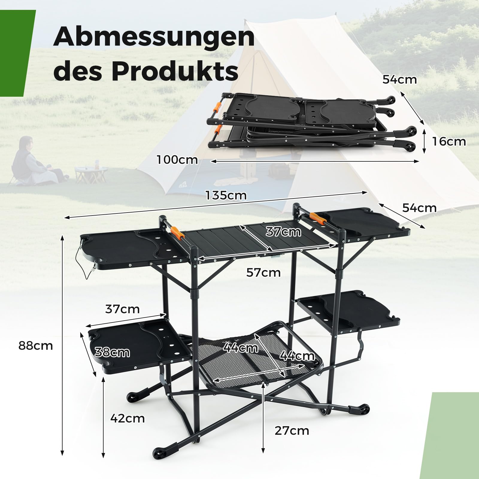 COSTWAY Campingküche klappbar, Reiseküche mit Aluminium-Tischplatte, 4 Seitentischen, Ablage & Tragetasche, Camping Küche, Outdoor-Kochstation für Picknick, Grillen, Camping und Reisen